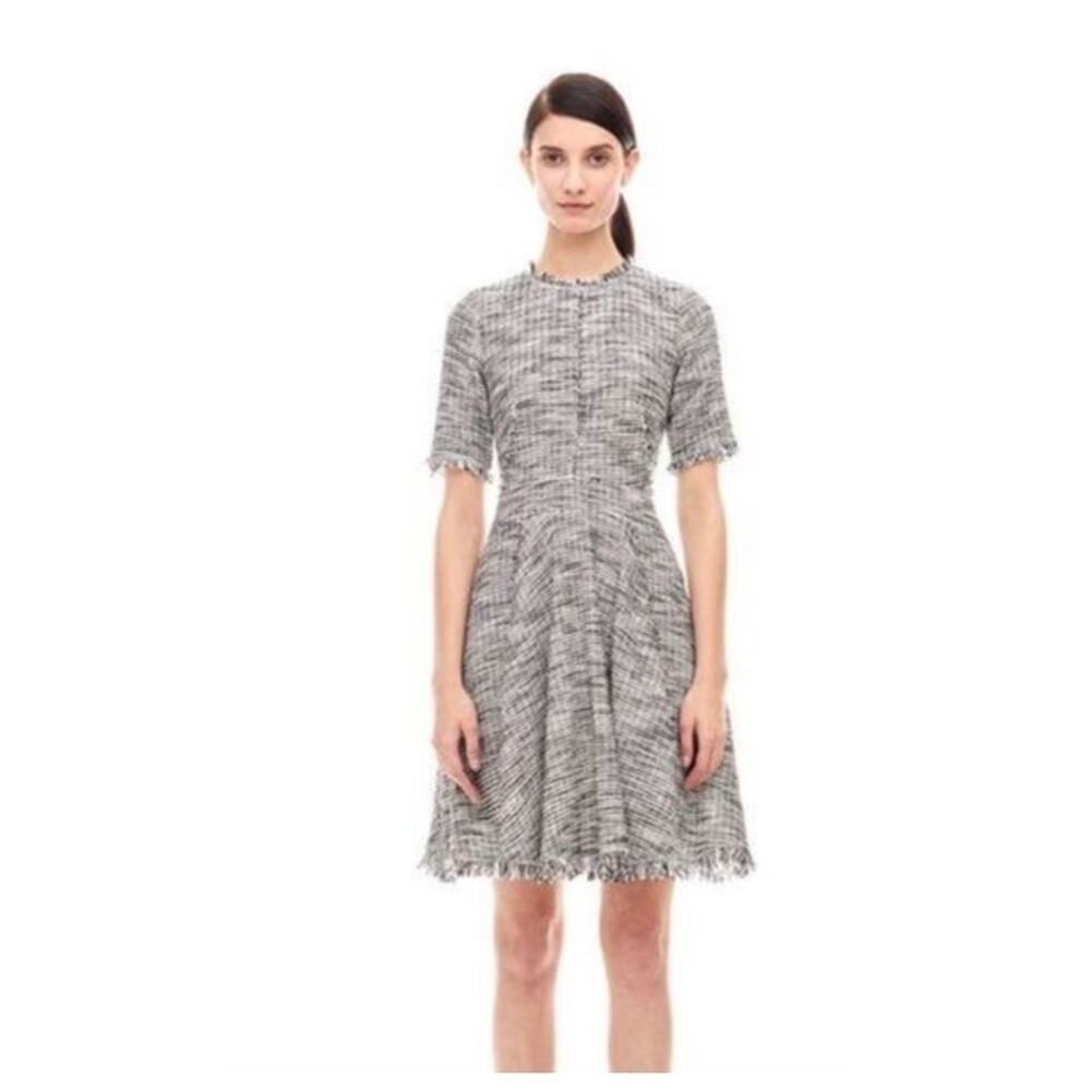 Rebecca Taylor Tweed Mini Dress White Black Size 6 Fringe Short Sleeve Lined